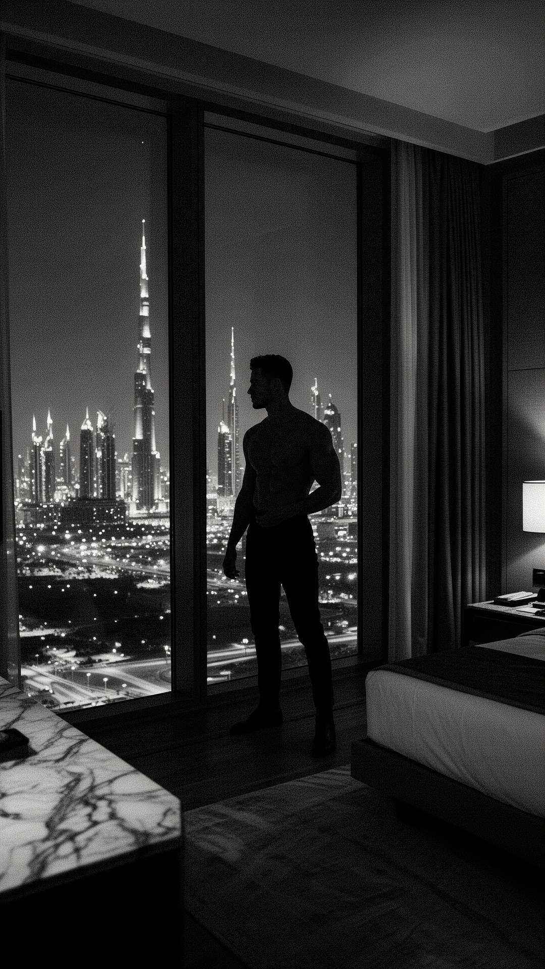 Cinematic Dubai luxury suite at night